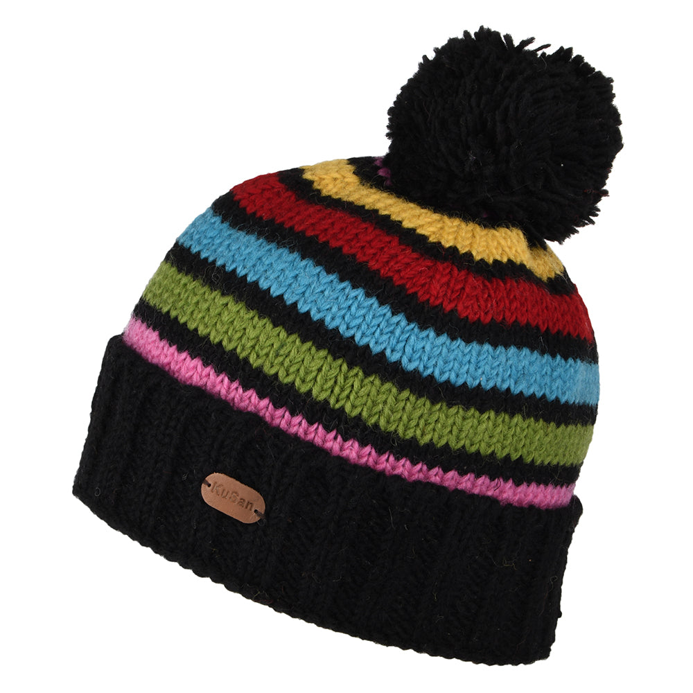 Gorro con pompón con vuelta y rayas de Kusan - Gris-Rosa-Azul