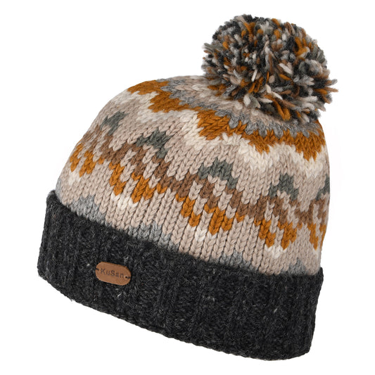 Gorro con pompón con vuelta Patrón de ondas de Kusan - Antracita-Gris-Mostaza