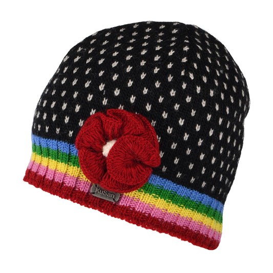 Gorro Beanie Brooklyn Punto fino con flor de Kusan - Negro-Multi